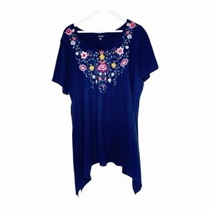 Terre Bleue floral embroidered top, dark blue asymmetrical hemline Size XXL